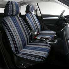 5 Seat Baja Saddle Blanket Car Seat Covers Bucket Front Seat Solid Bench Full Set Cover With Seat Belt Pads And Steering Wheel Cover, Universal Washable Breathable Blue Striped Woven Interior Cover For Sedan, SUV, Truck - 藍色 - 查看 2