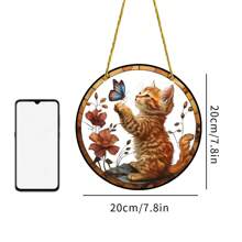 1pc Acrylic Small Cat & Butterfly Sun Catcher, 2D Painted Glass Window Hanging Decor, Suitable For Porch, Patio, Garden, Bedroom, Gift For Pet Lovers,Home Decor ,Room Decor,Wall Decor