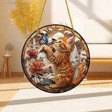 1pc Acrylic Small Cat & Butterfly Sun Catcher, 2D Painted Glass Window Hanging Decor, Suitable For Porch, Patio, Garden, Bedroom, Gift For Pet Lovers,Home Decor ,Room Decor,Wall Decor