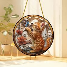 1pc Acrylic Small Cat & Butterfly Sun Catcher, 2D Painted Glass Window Hanging Decor, Suitable For Porch, Patio, Garden, Bedroom, Gift For Pet Lovers,Home Decor ,Room Decor,Wall Decor