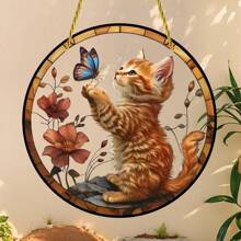 1pc Acrylic Small Cat & Butterfly Sun Catcher, 2D Painted Glass Window Hanging Decor, Suitable For Porch, Patio, Garden, Bedroom, Gift For Pet Lovers,Home Decor ,Room Decor,Wall Decor