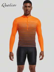 Qualicos Boyfriend Style Men's Cycling Jersey With 3+1 Rear Zipper Pockets Long Sleeve Moisture Wicking UPF 50+ Half Zip Riding Bike Shirts