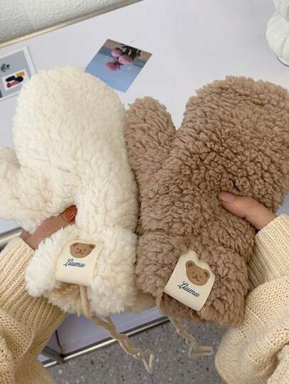 1 Pair Women Cute Bear Logo Solid Color Plush Quilted Warm Gloves, Casual Outing & Night Date In Winter