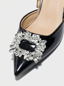 Women's Rhinestone Decor Pointed Toe Kitten Heel Slingback Pumps, Charming Black Mirror High Heels For Party/Wedding, Autumn/Winter