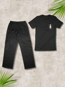 Men's Set 100% Cotton Anywhere Printed Black T-Shirt And Cargo Jogger Pants Streetwear - 黑色 - 查看 1