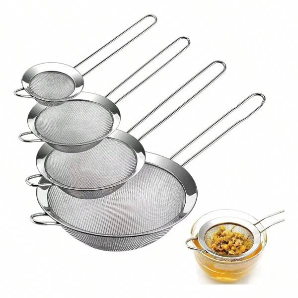 4 Pzs Coladores Cernidores Escurridor Acero Inoxidable Juego, 4 Piezas Coladores de Cocina, Coladores de Acero Inoxidable, Coladores de Malla Fina con 8/10/12/20 cm, Coladores de Pasta y Harina con Marco Reforzado y Mango Largo Resistente, Colador Harina para Hornear con Mango Largo, 4 Medidas Diferentes para Tamizar, Freír Drain
