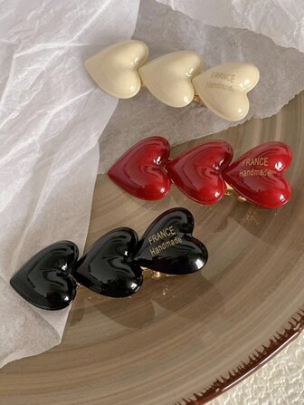 1个醋酸纤维小爱心装饰优雅发夹，复古奶油色爱心发卡，酒红色和纯黑色刘海夹，情人节礼物，发饰，发夹，发爪夹，发爪，学习用品