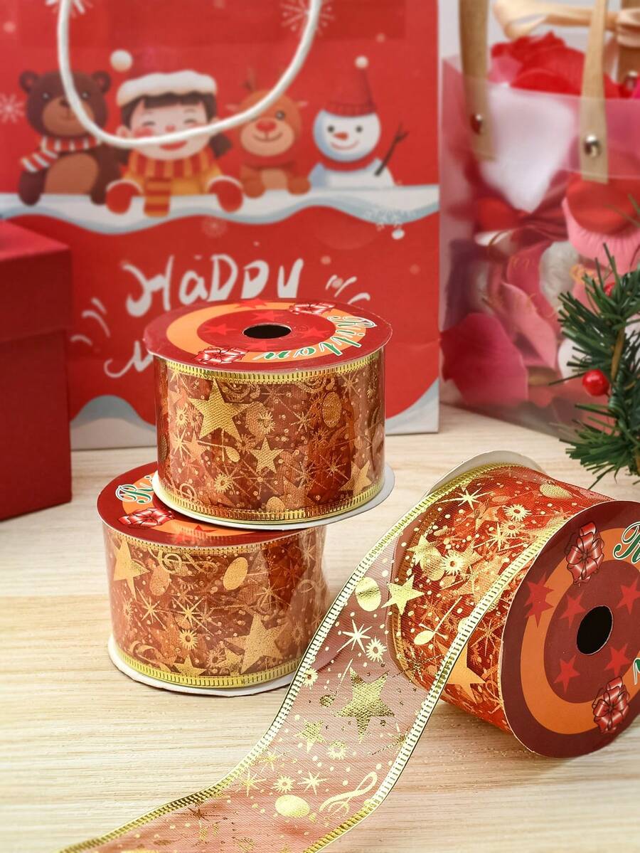 10yds/Gói Ruy băng trang trí Giáng sinh, Ruy băng lưới in hình ngôi sao dập nóng hai lớp, Vòng hoa Giáng sinh, Ruy băng bó hoa, Giấy gói hoa, Vật liệu thủ công - Nhiều màu - Xem 1