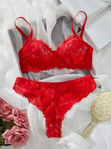 Lace Trim Sexy Lingerie Set For Women For Rave For Going Out, Baddie Look - Red - View 2