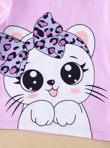 年轻女孩 6 件套休闲卡通猫豹纹长袖 T 恤和裤子套装，舒适针织面料，秋冬 - 彩色 - 查看 5