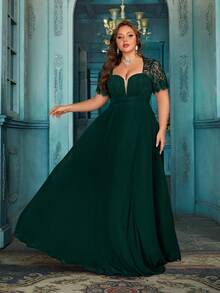 QOQ Váy dạ hội trang trọng cỡ lớn thanh lịch dành cho phụ nữ, thích hợp cho tiệc chiêu đãi, tiệc sinh nhật, tiệc cocktail, lễ hội hóa trang, lễ trao giải, v.v., váy dài voan trơn màu có viền ren. - Màu xanh lá cây đậm - Xem 4