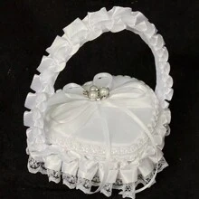 Caja con forma de cesta floral romántica en forma de corazón hecha a mano, cesta de mano con flores blancas para niña de las flores, caja para almacenar anillos de boda, decoración de boda (anillos no incluidos), regalo para el Día de San Valentín, Navidad, Día de la Madre