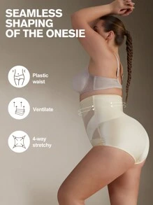 Plus Contrast Mesh Shapewear Panty 1pc Women Tummy Control Flat Belly Sheath Slimming Pants Underwear Shorts Lingerie Briefs Waist Trainer High Waist Shaper - Beige - View 7