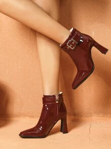 Women's Fashionable Comfy Elegant Versatile Burgundy Buckle Thick Heel Square Toe Ankle Boots