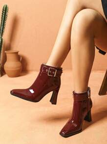 Women's Fashionable Comfy Elegant Versatile Burgundy Buckle Thick Heel Square Toe Ankle Boots