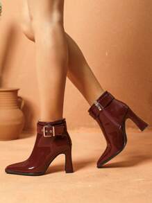Women's Fashionable Comfy Elegant Versatile Burgundy Buckle Thick Heel Square Toe Ankle Boots