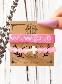 2 件 WWJD 手链耶稣会做什么刺绣手工串珠手链励志基督教珠宝男女通用运动腕带﻿ - 粉色 - 查看 1
