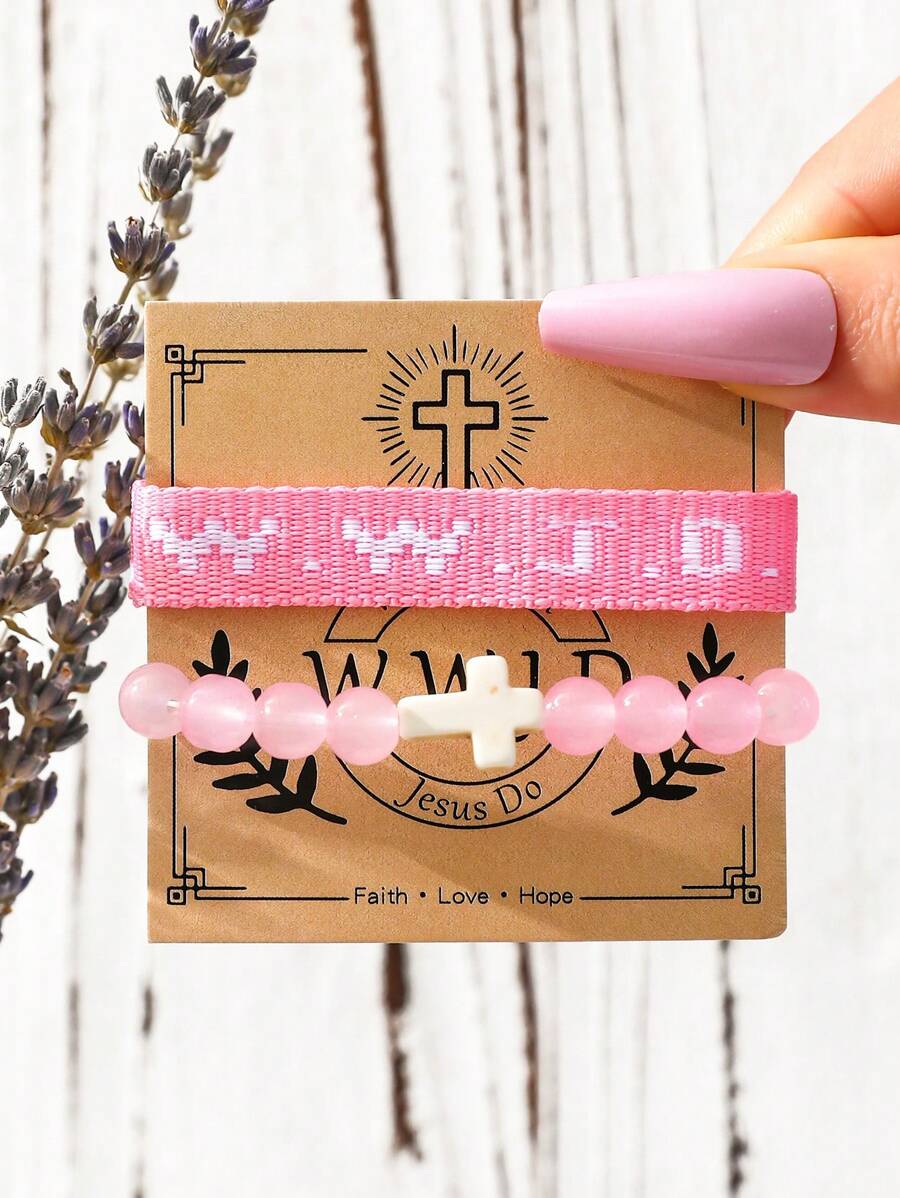 2 件 WWJD 手链耶稣会做什么刺绣手工串珠手链励志基督教珠宝男女通用运动腕带﻿ - 粉色 - 查看 1