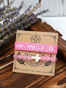 2 件 WWJD 手链耶稣会做什么刺绣手工串珠手链励志基督教珠宝男女通用运动腕带﻿ - 粉色 - 查看 2