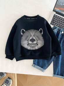 Young Boys' Casual Cartoon Bear Print Crew Neck Long Sleeve Sweatshirt, Autumn
