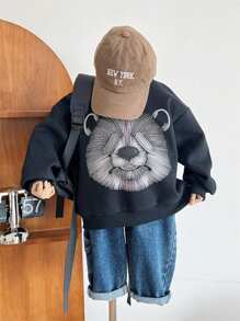 Young Boys' Casual Cartoon Bear Print Crew Neck Long Sleeve Sweatshirt, Autumn
