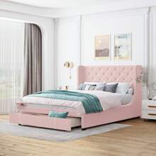okwish Upholstered Bed 140 X 200 Cm, Double Bed With Slatted Frame, Backrest And Large Drawers, Adult Bed Youth Bed Made Of Linen, Beige/Pink Without Mattress - 粉色 - 查看 3