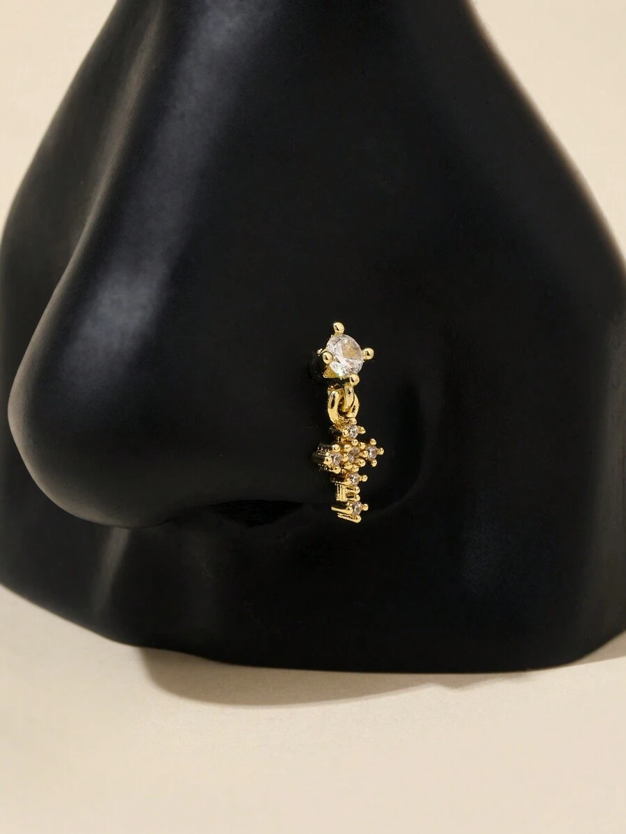 1pc L-Shaped Rhinestone Cross Pendant Nose Ring - Gold - View 1