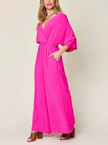 Women's Jumpsuit Elegant Kimono-Sleeve Jumpsuit With Pockets Royal Blue Soft Crepe Fabric Wide Kimono Sleeves Wide-Leg Pull-On Style Relaxed Fit Surplice Neck Full-Length Solid Pattern Spring/Summer Flowy And Comfortable Perfect For Special Occasions Or Evening Wear - 玫紅色 - 查看 2
