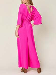 Women's Jumpsuit Elegant Kimono-Sleeve Jumpsuit With Pockets Royal Blue Soft Crepe Fabric Wide Kimono Sleeves Wide-Leg Pull-On Style Relaxed Fit Surplice Neck Full-Length Solid Pattern Spring/Summer Flowy And Comfortable Perfect For Special Occasions Or Evening Wear - 玫紅色 - 查看 3