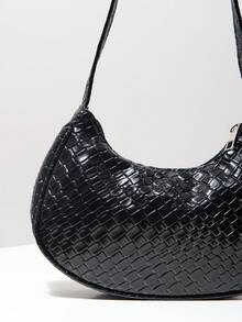 1 chiếc túi xách đeo vai họa tiết dệt PU cổ điển, túi đeo nách hình lưỡi liềm tối giản có khóa kéo, ví màu trơn (Họa tiết ngẫu nhiên) - màu đen - Xem 4