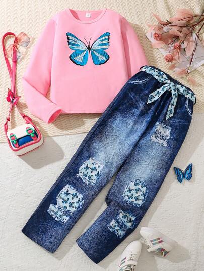 Girls Cute Butterfly Print Round Neck Long Sleeve Top And Straight Pants Set, Spring & Autumn