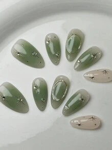 10pcs Handmade Natural Almond Nail With Green Tie Dye Gold Striped Texture, 3D Star Decor, Minimalist Luxury Style False Nail Press On Nails
