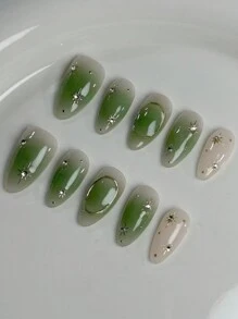 10pcs Handmade Natural Almond Nail With Green Tie Dye Gold Striped Texture, 3D Star Decor, Minimalist Luxury Style False Nail Press On Nails