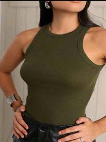 Women's Basic Ribbed Tank Top, Plain Ribbed, Summer Fashion - xanh quân đội - Xem 2