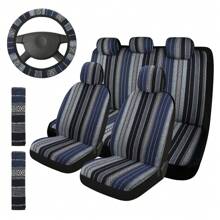5 Seat Baja Saddle Blanket Car Seat Covers Bucket Front Seat Solid Bench Full Set Cover With Seat Belt Pads And Steering Wheel Cover, Universal Washable Breathable Blue Striped Woven Interior Cover For Sedan, SUV, Truck - 藍色 - 查看 1