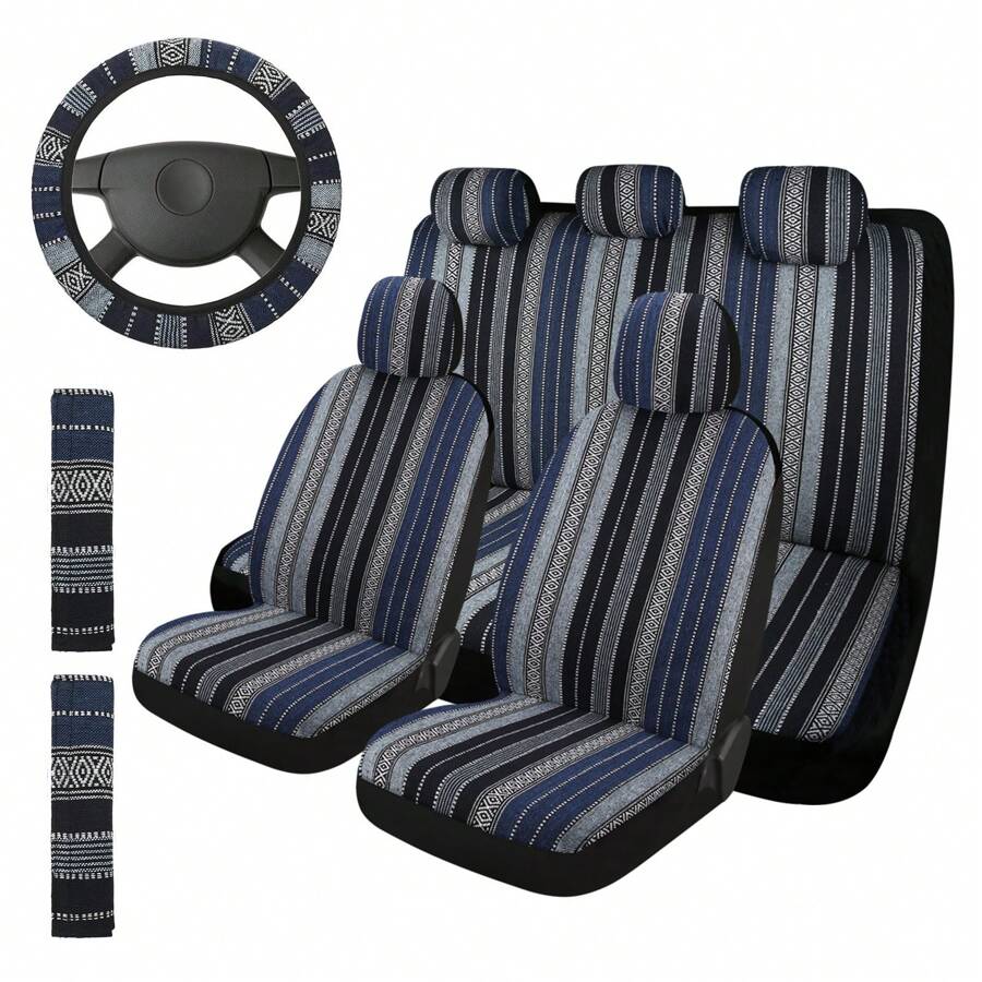5 Seat Baja Saddle Blanket Car Seat Covers Bucket Front Seat Solid Bench Full Set Cover With Seat Belt Pads And Steering Wheel Cover, Universal Washable Breathable Blue Striped Woven Interior Cover For Sedan, SUV, Truck - 藍色 - 查看 1