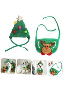 2pcs/Set Christmas Pet Hat & Bib Set, Cat Clothes & Dog Bibs For Winter, Fits 8-15 Lbs Pets