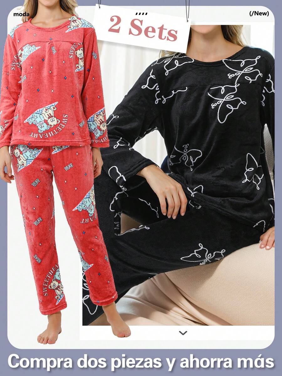 2Sets Conjunto de Pijamas Polar para Mujeres Mayoreo, Pijama de Invierno Grueso y Abrigado ,Cómodos y Relajados - Blanco y Negro - Ver 1