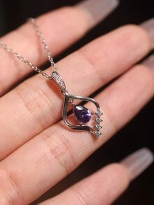 1 件 925 纯银方晶锆石紫色/蓝色/白色吊坠项链，奢华优雅，适合女性休闲、度假或工作时佩戴 - 紫色 - 查看 6