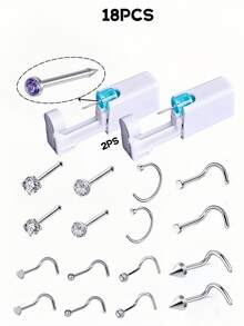 18 件/套无菌鼻穿孔套装，一次性低痛鼻钉枪，内置鼻钉，粉色/白色/黑色/紫色/青绿色/红色，20G 8 件混合不锈钢鼻环套装，穿孔美容工具及配件，适用于男士、女士、学生 - 銀色 - 查看 14