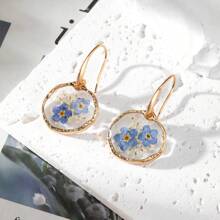 1 Pair Blue Series Preserved Dried Flower Alloy Handmade Resin Flower Drop Earrings