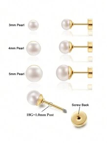 女士金色螺丝背珍珠耳钉，平背珍珠软骨耳环，珍珠螺旋耳环，防过敏不锈钢穿孔珠宝，适合女孩的礼物 - 耳環 - 查看 16