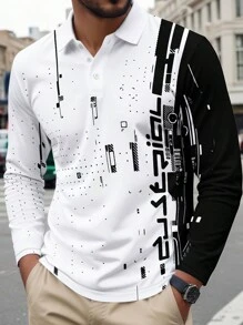 男士休闲黑白撞色印花网球Polo衫，适合通勤和日常穿着，秋季长袖上衣 - 白色 - 查看 1