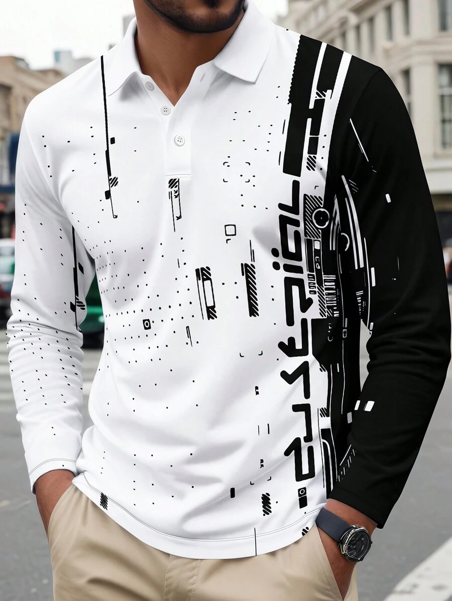 男士休闲黑白撞色印花网球Polo衫，适合通勤和日常穿着，秋季长袖上衣 - 白色 - 查看 1