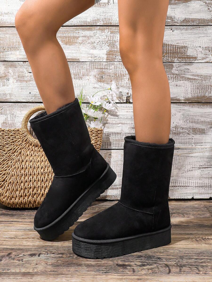 女士厚底黑色防滑高筒雪地靴，冬季保暖隔热 - 黑色 - 查看 1