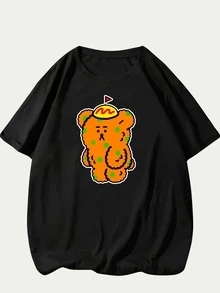 Cute Bear Printed T-Shirt Unisex Comfort Casual Blouse - màu đen - Xem 1