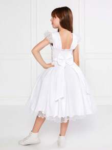 Children's White Glitter Dress Sleeve Godê Round Party Princess Themed Pearl Belt - 白色 - 查看 2
