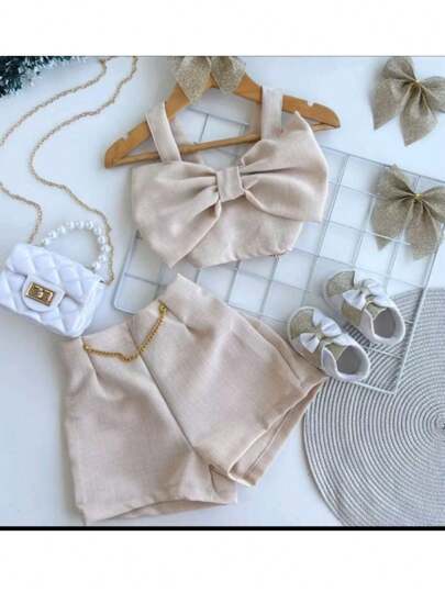 Conjunto Infantil e Juvenil no Tecido Linhão Cropped Laço e Shorts Corrente (CJI002)