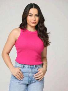 Women's Basic Ribbed Tank Top, Plain Ribbed, Summer Fashion - 玫紅色 - 查看 1