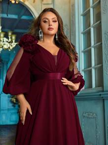 QOQ Robe formelle élégante pour femmes, grande taille, pour soirée de mariage, dîner, anniversaire. Couleur unie, mousseline de soie, col V, robe de soirée maxi